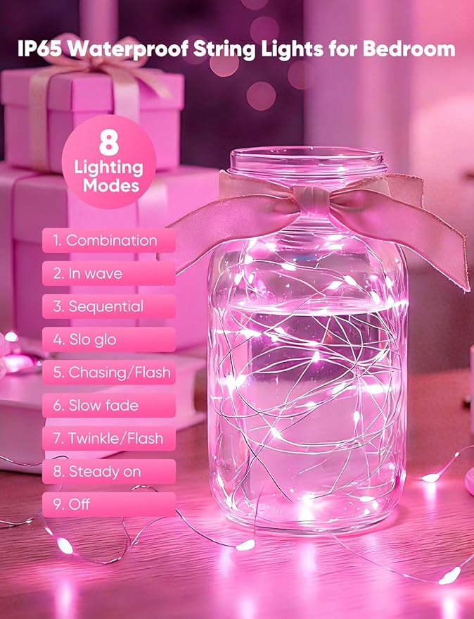 Minetom 12 Pack Pink Christmas Lights, 7ft 20 LED Fairy Lights Battery Operated, Valentines Day Decorations, 8 Modes Timer Waterproof Silver Wire Twinkle Lights, Valentine's Day Lights
