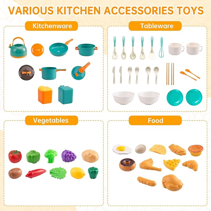 60Pcs Kids Mini Play Kitchen Accessories, Pretend Cooking Play Set with Cookware, Tableware & Fruit & BBQ Sets, Learning Gift for Boys, Girls, Toddlers,Green