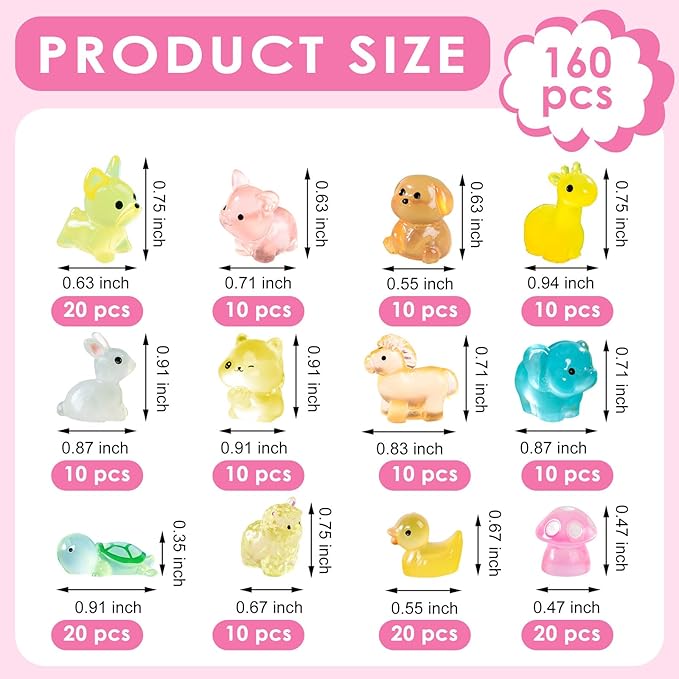 JIUDUOYUAN 160pcs Luminous Mini Resin Animals Figurines Mini Ducks Dogs Squirrels Giraffes Rabbits Tiny Elephants Miniature Figurines Glow in The Dark Garden Miniatures Fairy Garden Accessories