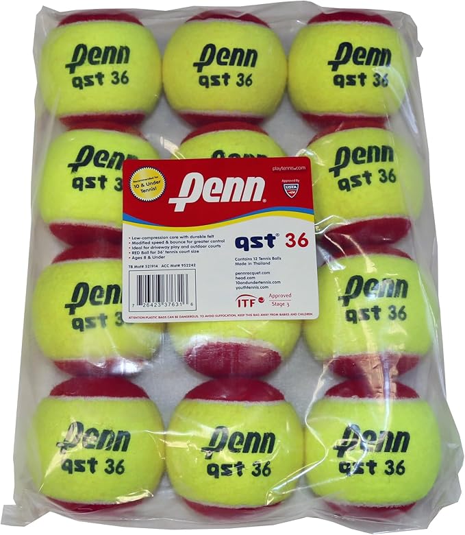 Penn QST 36 Tennis Balls - Youth Felt Red Tennis Balls for Beginners, 12 Ball Polybag