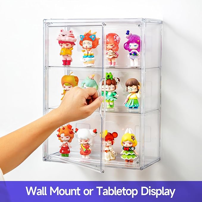 Clear Display Case for Figures with Magnetic Door, Acrylic Display Cases for Collectibles, 3Tiers Acrylic Storage Organizers Box, Desktop or Wall-Mounted Showcase for Collectibles Action Figure (1)