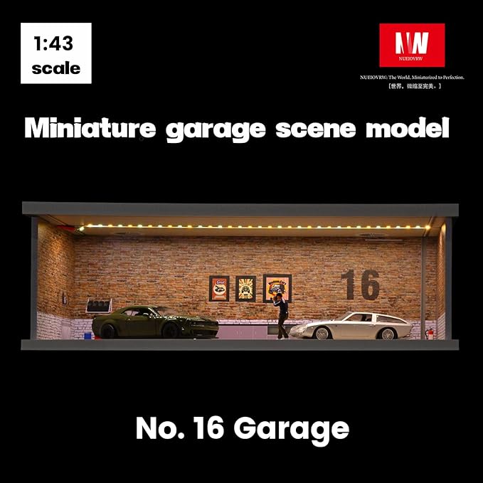 1/43 Diorama Display Case with Tri-Colour Dimmable Lighting, Fits for Hot Wheel Matchbox Mini GT Diecast Cars Model,1:43 Car Garage Parking Lot Scene Display Storage (No.16 Garage)