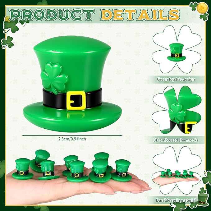 50 Packs St Patrick's Day Hat Miniature Green Hats Figurine -Resin Tiny St Patricks Day Leprechaun Decorations for Irish Gifts Party Favors Table Tiered Tray Decor Dollhouse Craft Projects
