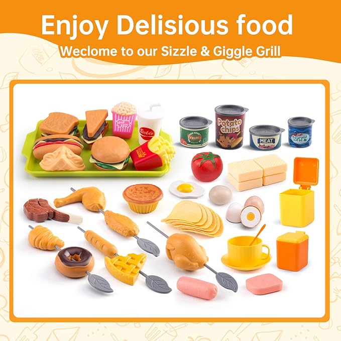 240Pcs Kids Mini Play Kitchen Accessories, Play Pans, Pots, Cookware with Desserts, Cuttable Veggies & BBQ Set & Storage Basket, Prop Money, Learning Gift for Child，Toddlers, Child, Yellow