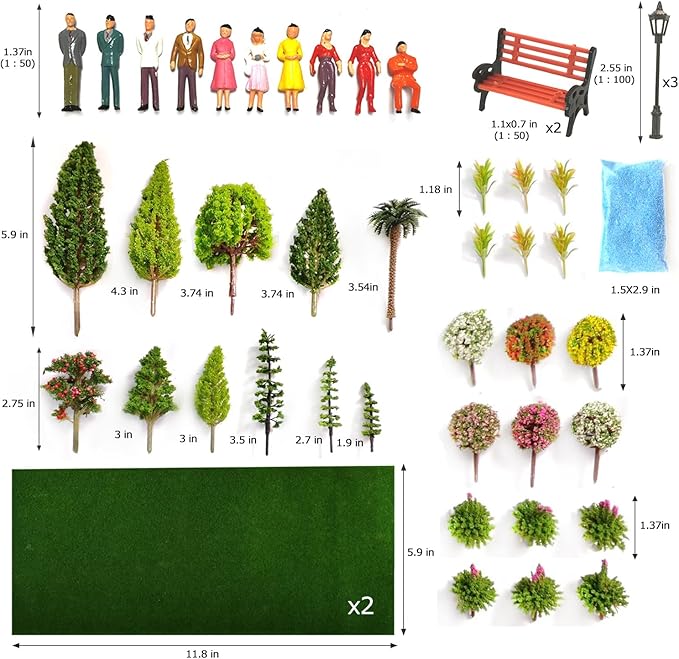 QuarenDen Model Scenery Kit, 47pcs, Painted Figures, Model Train Scenery, Miniature Trees, Model Trees, Model Grass Mat for Miniature Scene Landscape
