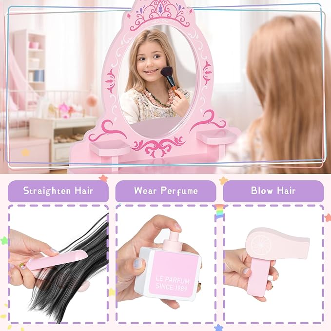 BRINJOY Wooden Vanity Set for Kids, Toddler Tabletop Beauty Salon Play Set w/Accessories & Drawer, Princess Makeup Pretend Play Vanity Table Toy with Crown Shaped Mirror for Little Girls Age 3-8