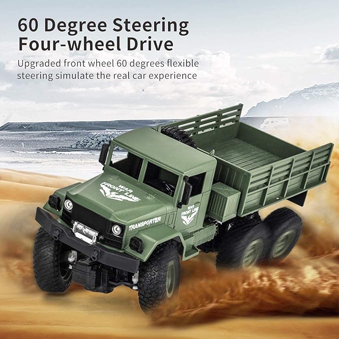 XINGRUI 1:18 RC Military Truck, 50 Min Playtime Remote Control Car, 2.4Ghz 4WD Off-Road Vehicle, All Terrain Toy with LED Lights, Gift for Boys Girls Ages 6+