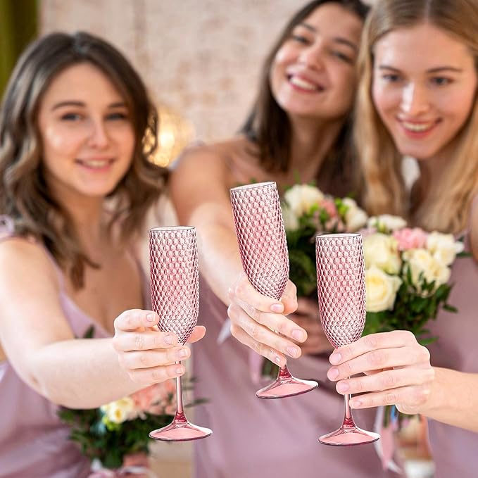 Plastic Champagne Flutes Champagne Glasses Unbreakable Wedding Toasting Glasses Reusable Diamond Wine Glasses Crystal Clear Party Wine Cups Vintage Drinking Glasses 5.5 OZ for Wedding (24, Pink)