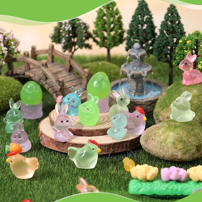68Pcs Easter Mini Bunny Figurines Luminous Resin Animals Tiny Rabbit Chickens Figures to Hide Miniature Figurines for Egg Fillers Easter Decorations
