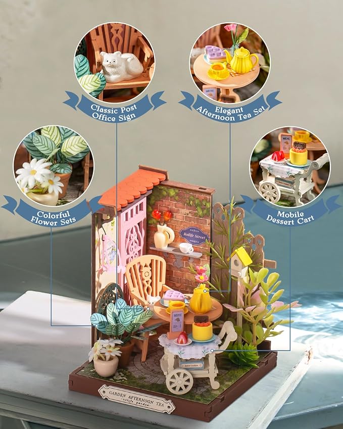 Rolife DIY Mini Building House Miniature Kit-Fancy Tea Yard, Miniature Lifestyle Mini Bookshelf Decoration, DIY Hobbies/Gifts for Craftsman (Fancy Tea Yard)