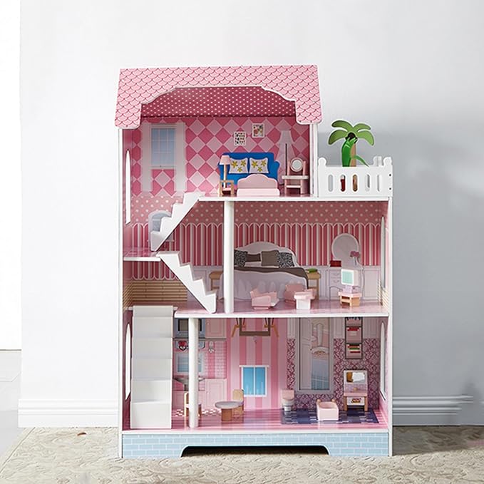 3-Tier Large Wooden Dollhouse with Furniture Set, Modern Kids Playhouse with Roof Window for 5-Inch Dolls, Creative Educational Toy for Girls Boys Ages 3 4 5+ for Imagination & Role-Play Games