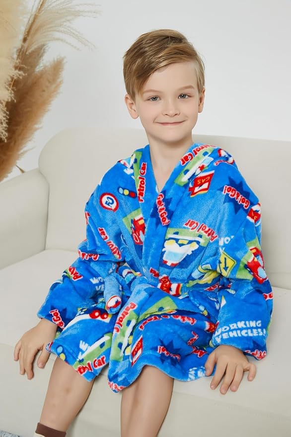 Boys Fleece Robe Hooded Toddler Soft Bathrobe Pajamas Sleepwear for Kids Girls 2-16 Years