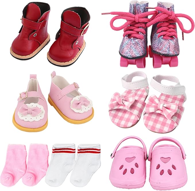 18 inch Doll Shoes - 5 Pairs of Different Types (Boots/Roller Skates/Sandals/Clogs) + 2 Pairs of Pink/White Socks 18 in Doll Accessories 18‘’Pink American Doll Accessories