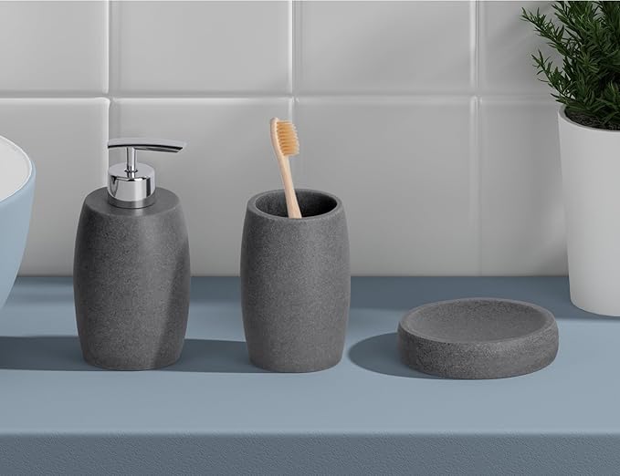 Clasin Home Grey Bathroom Accessories Set 3 PC, Resin Sandstone Look Soap Dispenser, Toothbrush Cup, Soap Dish, Bathroom Soap Dispenser Set for Home Decor and Kitchen