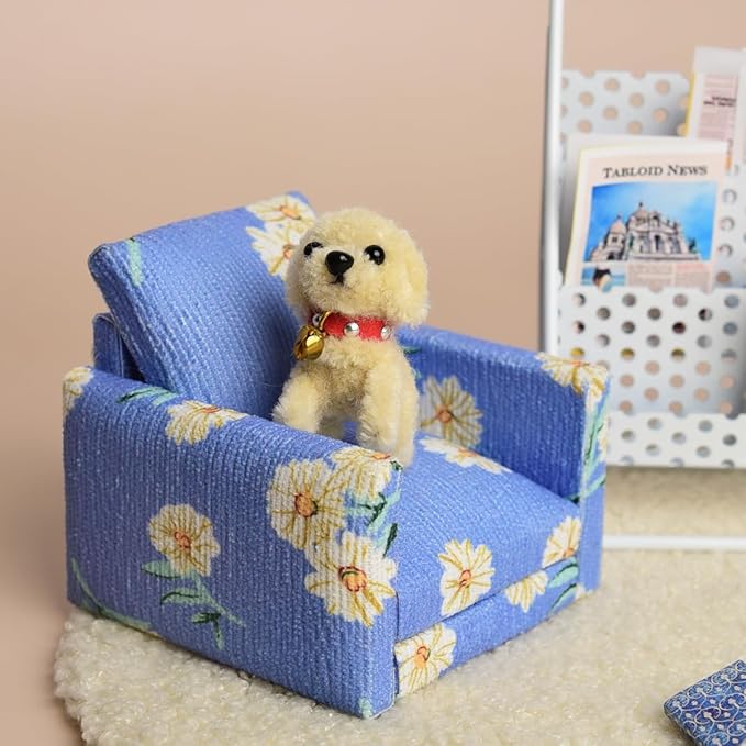 Funky Mini Home Miniature Dollhouse Cordurey Armchair with Pillow - 1:12 Scale Blue Floral Furniture Set Dollhouse Decor Accessories & Perfect Birthday (Blue)