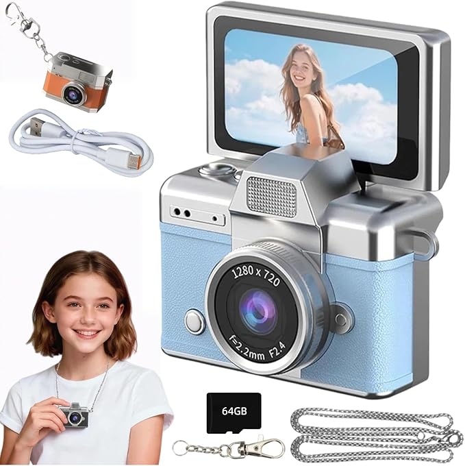 Mini Digital Camera Keychain Retro Mini Digital Video Camera Small 1080P FHD Recording with 0.96" IPS Screen with 6 Retro Filters AVI Format-Ideal for Phone Transfer (64GB, Blue)