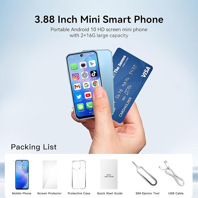 LMZYESHY 3G Mini Smartphone Unlocked Android System 3.88-Inch HD Touch Screen Mini Phone Dual Cameras Dual SIM Compact Mobile Suitable for Kids and Students 2GB+16GB (Black)