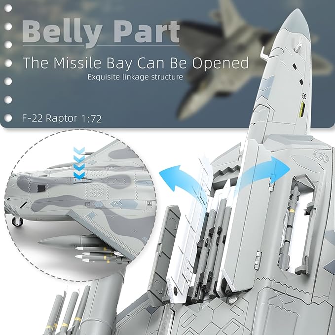F22 Raptor 1/72 Diecast Metal Aircraft Model Kit USAF Fighter Jet Alloy Airplane Model with Stand for Adult Military Enthusiasts Collections or Creative Gifts (AK 90FS)