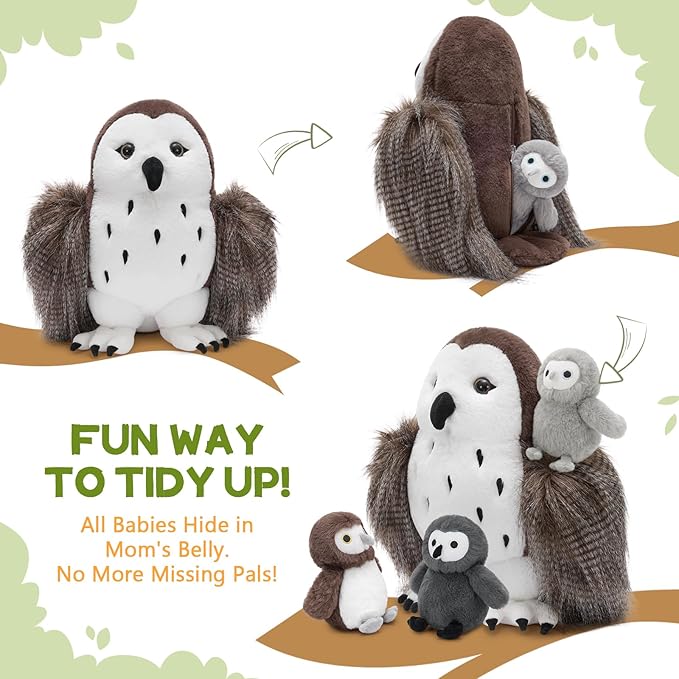 4Pcs Owl Plush Set, Giant Mother Owl Stuffed Animal with 3 Baby Owls Inside, 18" Cute Stuffed Owl for Girls Boys Kids, Soft Owl Plushie Gift for Christmas Birthday Baby Shower, Brown