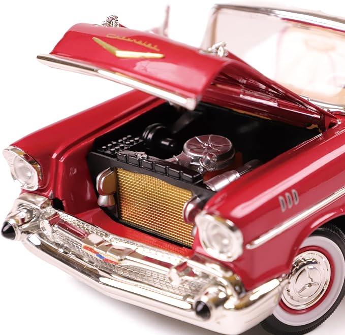 1957 Chevrolet Bel Air Alloy Collector Model Car - 1:18 Scale Classic Replica with Chrome Accents, Opening Doors & Display Base - Iconic American Golden Age Sedan Model (Red)