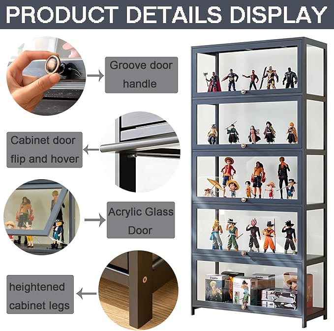 Display Cabinet with Acrylic Doors, 5-Tier Bamboo Curio Display Case for Figures - Display Shelves for Collectibles & Toy Display Cabinet for Home, Office, Playroom, Living Room