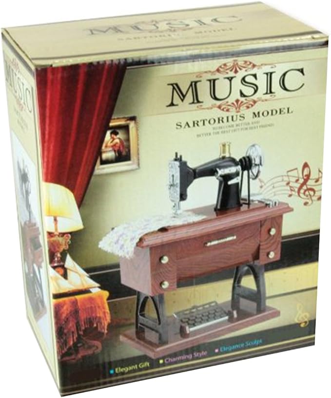 Artyea Vintage Mini Sewing Machine Style Plastic Music Box Table Desk Decoration Toy Gift for Kid Children, brown