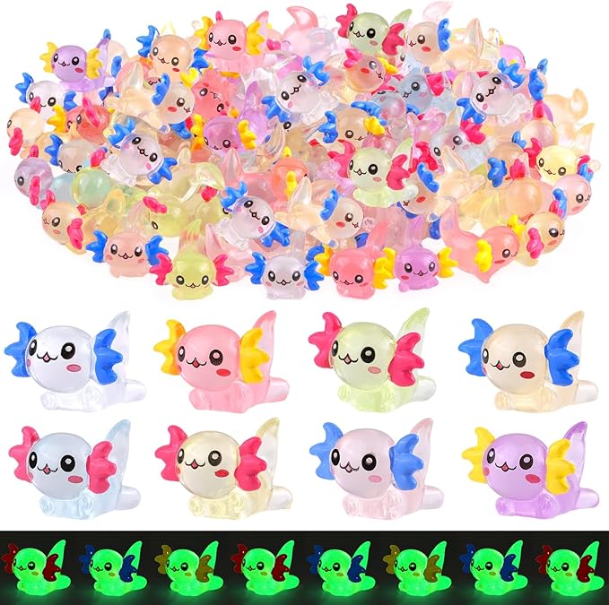 40PCS Mini Resin Animals Colorful Tiny Axolotls Glow in Dark, Miniature Figures to Hide, Little Animal Small Figurines for Topper Desk Garden Dollhouse Landscape Aquarium Ornaments Crafts & Decor