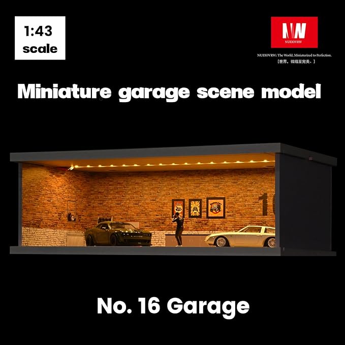 1/43 Diorama Display Case with Tri-Colour Dimmable Lighting, Fits for Hot Wheel Matchbox Mini GT Diecast Cars Model,1:43 Car Garage Parking Lot Scene Display Storage (No.16 Garage)