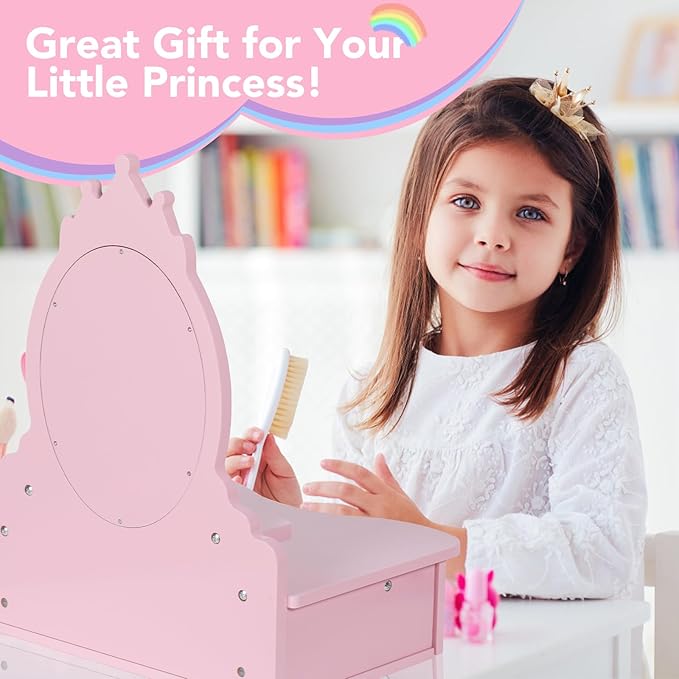 BRINJOY Wooden Vanity Set for Kids, Toddler Tabletop Beauty Salon Play Set w/Accessories & Drawer, Princess Makeup Pretend Play Vanity Table Toy with Crown Shaped Mirror for Little Girls Age 3-8