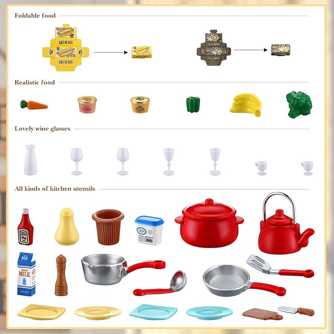 43 Pcs Dollhouse Furniture Kitchen Play Set Miniature Refrigerator with Mini Food Pots and Pans Set Pretend Kitchen Accessories Toys