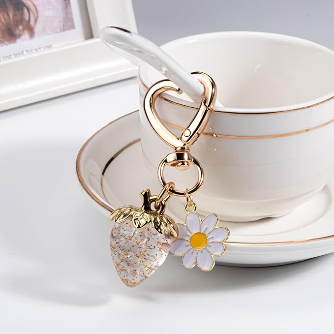 Wikavanli Cute Strawberry Keychain,Bag Charms,Kawaii Heart Flower Daisy Key chains Accessories Decor for Women Girls Purse
