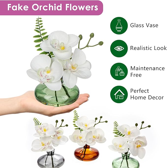 White Orchids Artificial Flowers Faux Orchids Arrangement in Light Green Glass Vases Set of 3 Real Touch Phalaenopsis Orchid Flowers Small Fake Orchid Centerpiece for Dining Room Table
