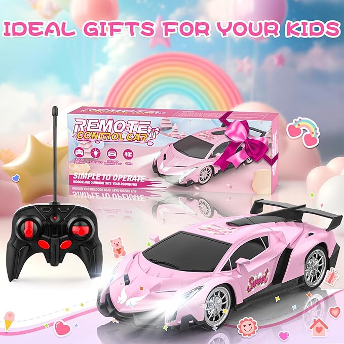 Growsland Remote Control Car for Girls, 1:18 Pink RC Cars Toys for Kids Girl Electric Vehicle Toy Car Hobby Racing Car with Lights & Controller, Birthday Gifts for Girl Boys Age 3 4 5 6 7 8 9 Year Old