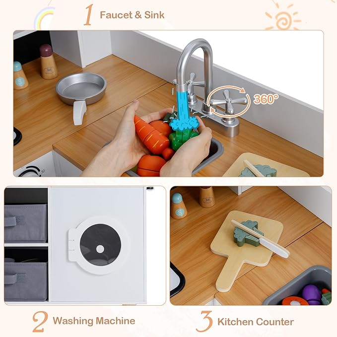 INFANS Kids Corner Kitchen Playset, Wooden Play Kitchen with Washing Machine, Coffee Maker, Toy Grinder, Gift for Boys Girls