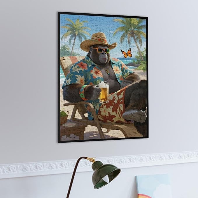 Summer Gorilla – 1000 Piece Jungle Animal Wooden Jigsaw Puzzle, Summer Gorilla Illustration, Family Fun, Brain Challenge, Relaxing Hobby
