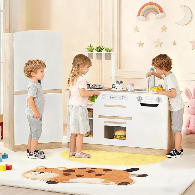 INFANS Kids Kitchen Playset, 2 in 1 Wooden Pretend Play Kitchen with Running Water Fridge Realistic Sounds Lights, Toddler Cooking Toys Gift for Boys Girls
