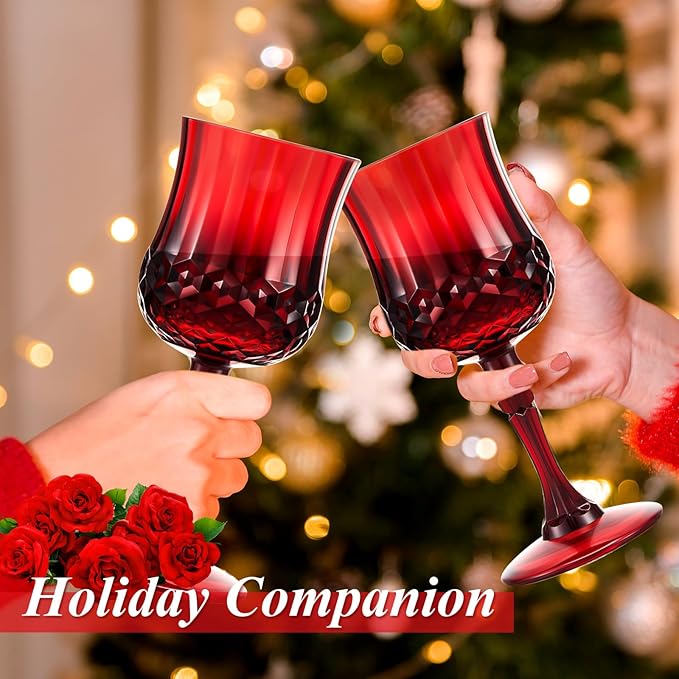 Pinkunn 24 Pcs 7 oz Plastic Vintage Wine Glasses Reusable Colored Goblets Patterned Drinking Water Glasses Cup Dishwasher Safe for Valentine's Day Wedding Reception Party Supplies (Red)