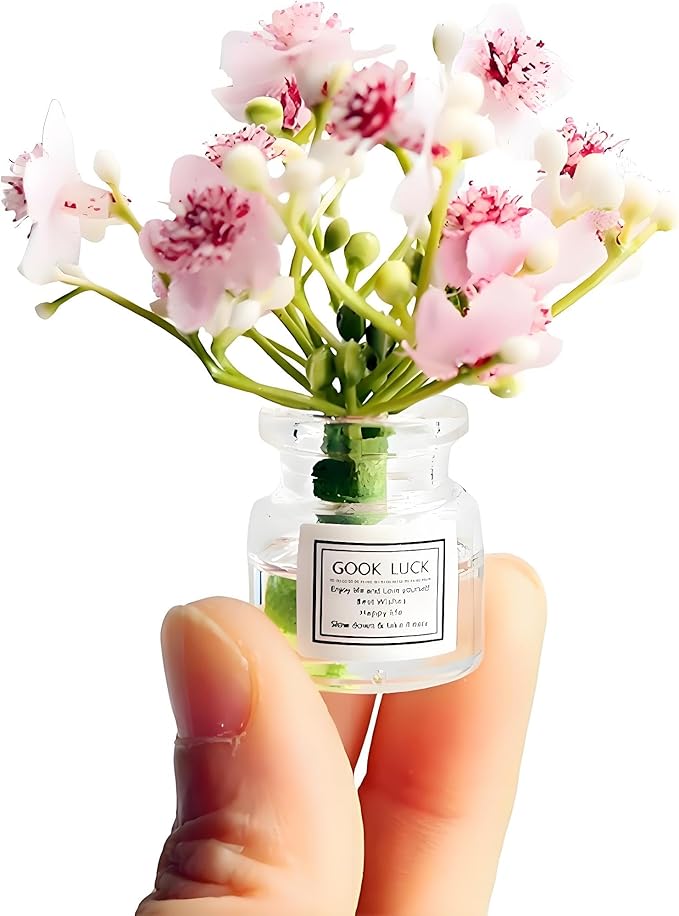 Miniature Flowers in Vase Set - 1:6 Scale Dollhouse Décor with Realistic Details, Tiny Floral Arrangements for Micro Landscape, Train Platform and Fairy Garden Accessories (Pink)