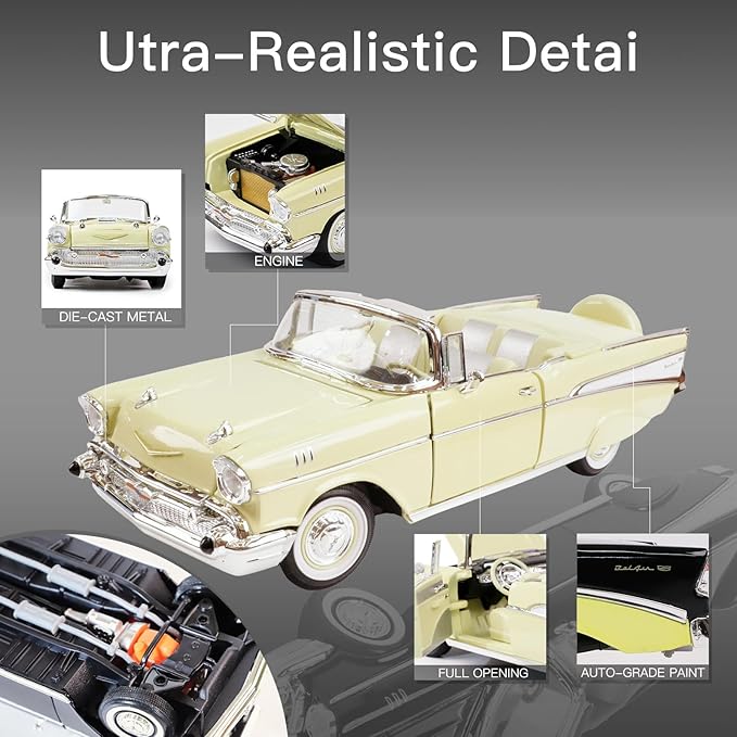 1957 Chevrolet Bel Air 1:18 Diecast - Ramjet 283 Fuel Injection, 50s Car Culture Icon | Opening Doors, Steering Linkage, Sustainable Gift Box | Ages 14+,Yellow