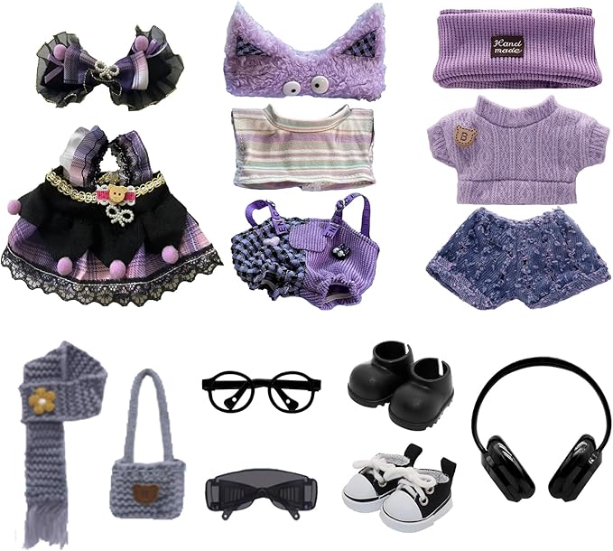 Clothes for Labubu, 10-Piece Clothes and Accessories Set Designed for Labubu Doll Clothes, Includes Glasses, Goggles, Boots, Canvas Shoes, Scarf, Knitted Bag, and Headphones Accessories - Style B