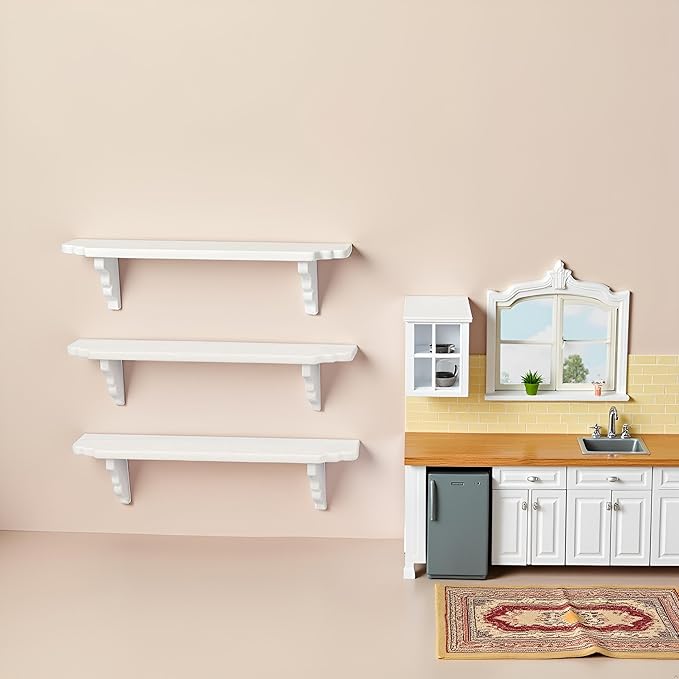 2Pcs White Dollhouse Wall Shelf,Doll House Storage Wall Shelf for Kitchen Scene Dollhouse Décor Accessories,1:12 Scale Miniature Accessories