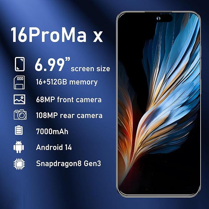 OEJBK 16PROMA X Smartphone New Upgrade 16GB+512GB/6.99" Display 68+108MP Zoom Camera,Tempered Glass Finish, 7000mAh Android 14 Smartphone (Green)