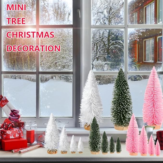 Yahpetes Artificial Mini Christmas Trees, 30 Pcs Sisal Snow Pines in 5 Sizes, Crafting Displaying Decoration, Tabletop Xmas Tree for Home, Party (Pink/White/Green)