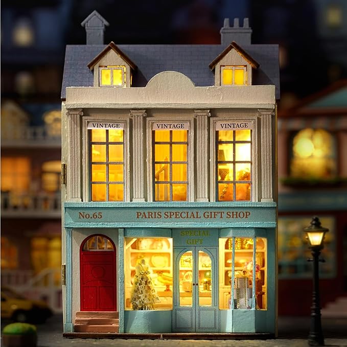 DIY Miniature House Kit, CUTEROOM Wooden Dollhouse Kit Mini House Making Kit with Furnitures, DIY Dollhouse Kit Birthday Gift for Women (Gift Shop)