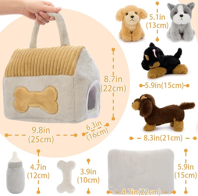 Muiteiur 8-Piece Dog House Plush Set, 9.8 Inch Plush Dog House Set with Cute 4 Puppies, Magic Gate, Bottle, Bed Pad & Bone, Interactive Pet Toy for Kids