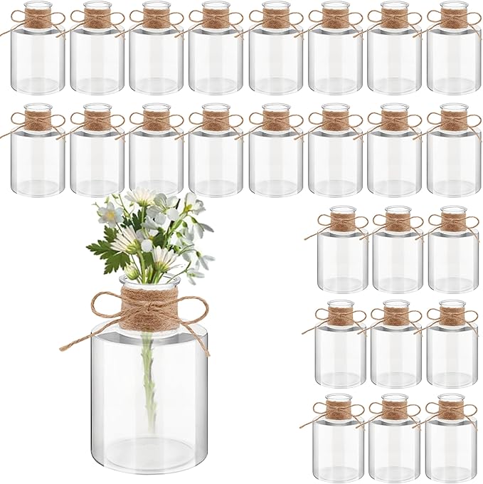 24PCS 4.7 inch Small Plastic Vases Base para Blores Baturales Transparent Short Cylinder Flower Bud vases Bulk centerpieces for Tables for Parties, Weddings & Home