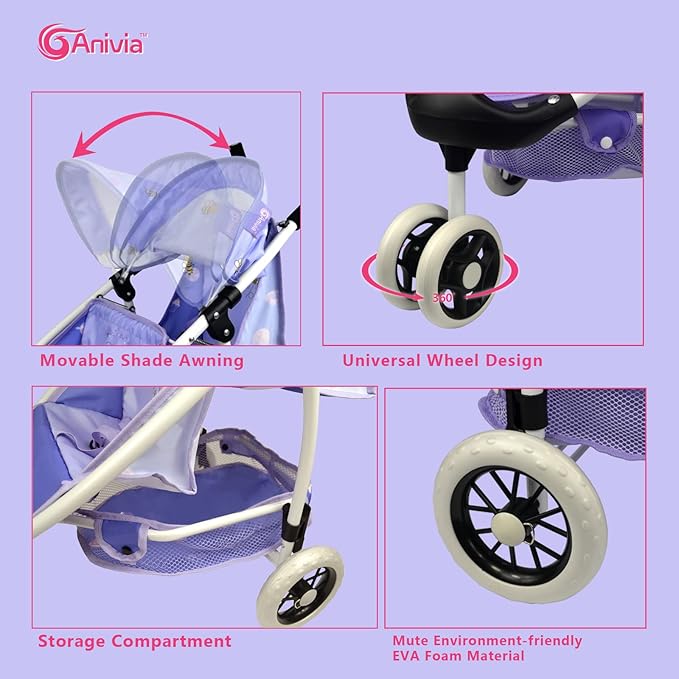 Doll Stroller Toy Anivia Realistic Twin Dolls Pram, Doll Pushchair with Shopping Basket Heart Design Gifts for Toddlers and Girls Foldable Baby Doll Stroller Toy (DA310pur)
