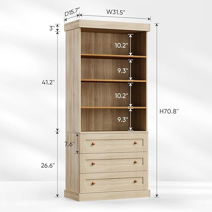 71" Tall Farmhouse Kitchen Pantry, Large Storage Cabinet with Adjustable Shelves, 3 Drawer, Wood Versatile Hutch Cabinet for Dining Room, Living Room, Brown