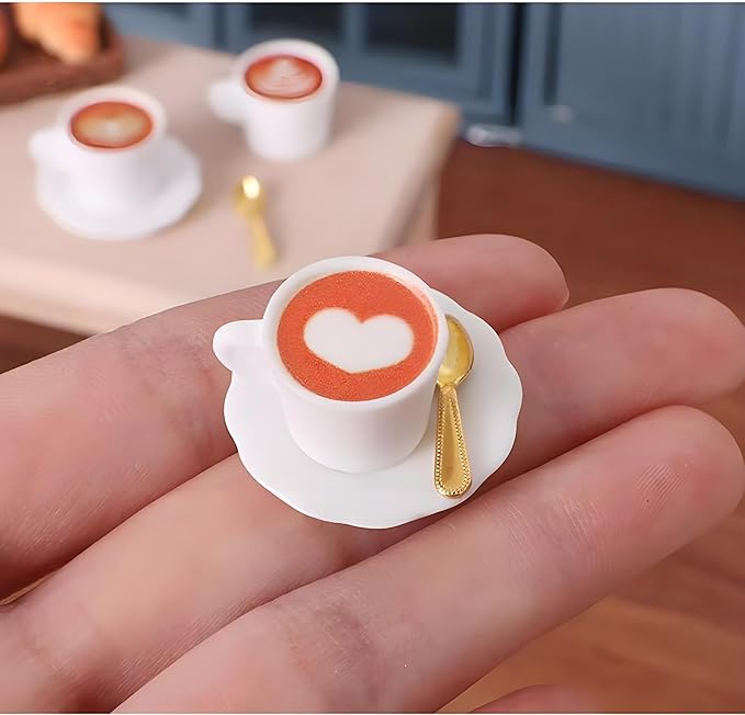 4Sets Kitchen & Dining Theme Miniature Dish Set – 1:12 Scale Plates,Spoons & Coffee Cups,Realistic Porcelain Tableware for Dollhouse,Miniature Dinner Accessories,DIY Display&Decorative Utensils (Pink)