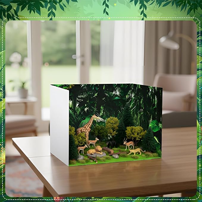 AmazingSpark 4 Set Rainforest Style Diorama Box and Fake Grass Decor, Rainforest Diorama Project Supplies Set, Cardboard Display Case Kit & Artificial Grass with Double Sided Tapes for DIY Crafts Toys